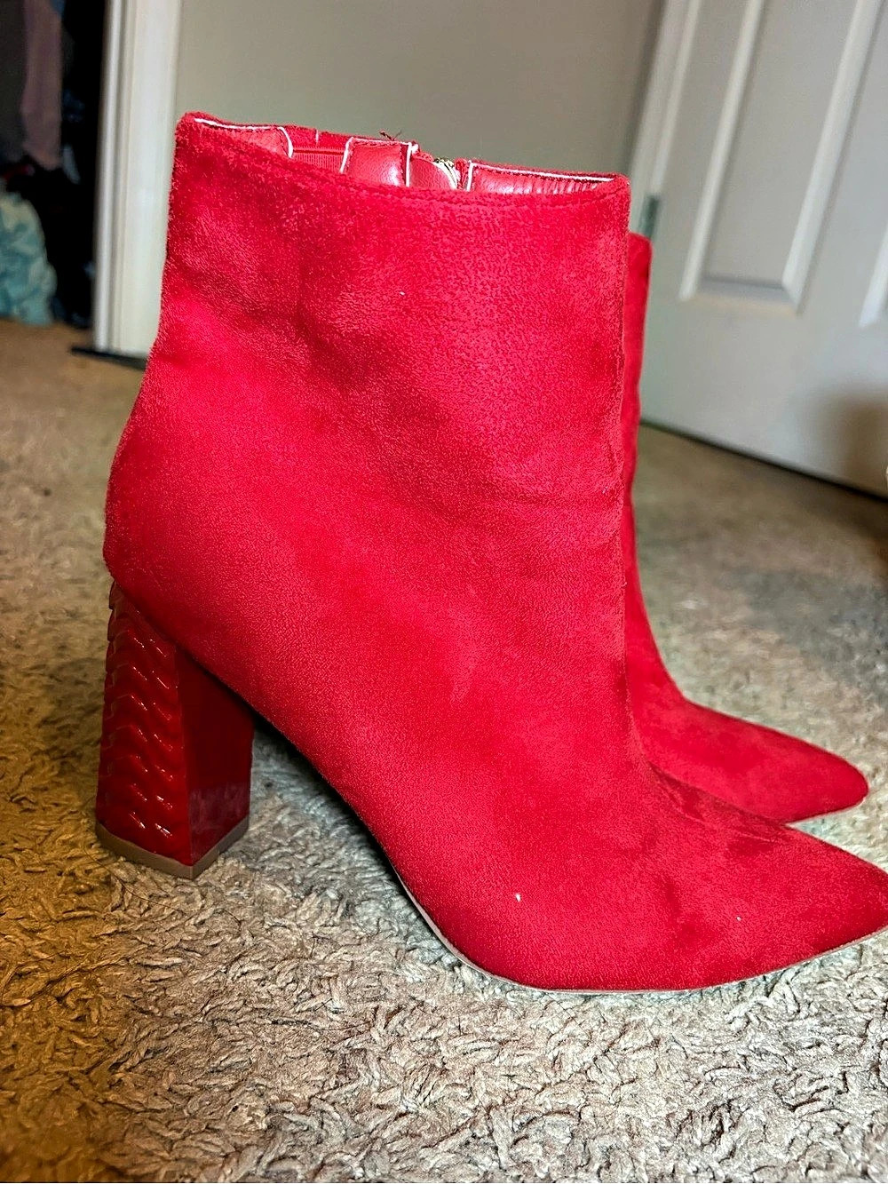 Red Pointed-Toe Heeled Ankle Boots